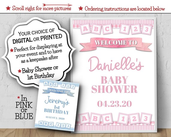 Welcome Poster Sign, Digital or Printed, 8x10, 11x14, 16x20,18x24, Baby ABC Blocks, Baby Shower, 1st Birthday, Pink, Blue, Stripes, Gingham Il_570xn