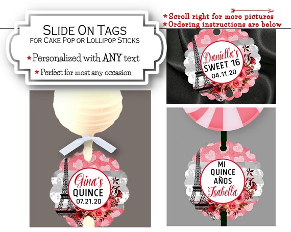 Cake Pop Tags, Sucker or Lollipop Tags, Paris French Eiffel Tower, Pink Roses and Hearts, Qinceanera, Sweet 16, Birthday, Bridal Shower Il_570xn