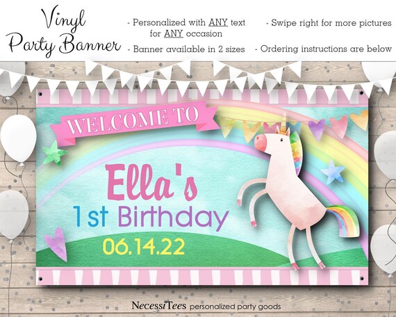 Vinyl Welcome Banner, 36"x20", 48"x30", Magical Unicorns, Hearts, Rainbow Colors, Baby or Bridal Shower, Birthday Party, Table Backdrop Il_570xn