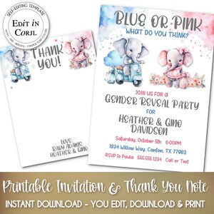 Invitation à une fête et carte de remerciement à imprimer | Bébés éléphants | Modèle numérique | Baby shower selon le sexe | Bleu ou rose | Montage à Corjl