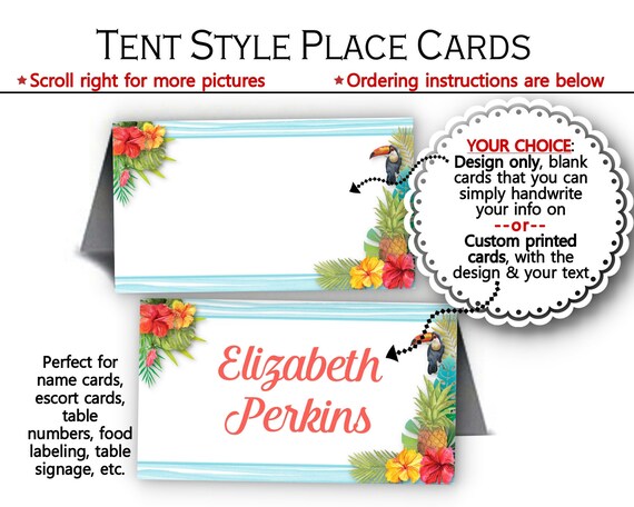 Tent Style Place Cards, Buffet Food Label Cards, Name Cards, Hawaiian, Tropical, Hibiscus Flowers, Pineapple, Luau, Pool Party, Summer Il_570xn