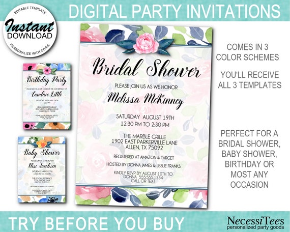 DIGITAL Party Invitations, Flowers, Florals, Roses, Daisies, Bridal, Baby Shower, Birthday, 3 Color Schemes, Instant Download, Edit in Corjl Il_570xn