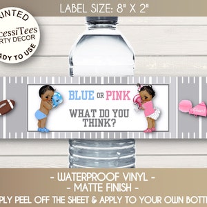 PRINTED Water Bottle Labels, Baby Football Players, Helmets, Pink, Blue, Baby Gender Reveal, Baby Shower, African Amer, Caucasian, Hispanic image 3