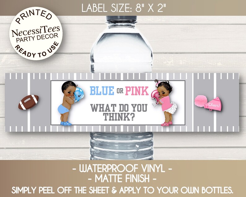 PRINTED Water Bottle Labels, Baby Football Players, Helmets, Pink, Blue, Baby Gender Reveal, Baby Shower, African Amer, Caucasian, Hispanic image 3