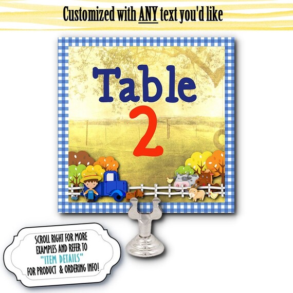 Table Number Cards, Buffet Food Labeling Cards, Table Signs, Pickup Truck, Farm Animals, Birthday Party, Blue Gingham Check Il_570xn