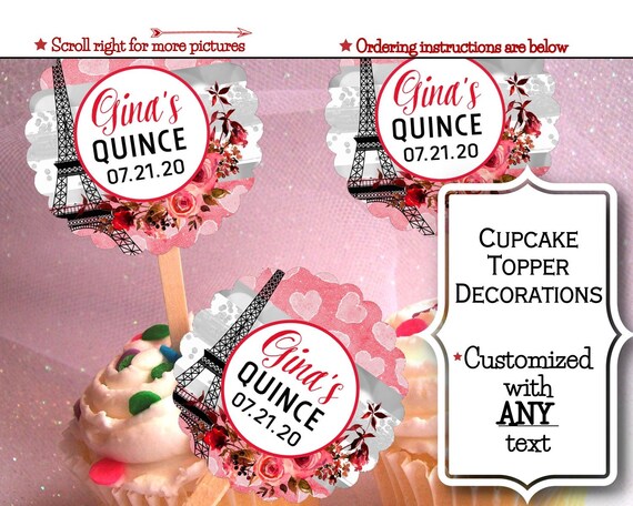 Cupcake Topper Decorations, Picks, Paris, French, Eiffel Tower, Red Roses, Hearts, Pink, Quinceanera, Sweet 16, Birthday Il_570xn