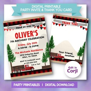 May include: Digital printable party invite and thank you card. The invitation features a red and black plaid border with text that reads "Oliver's 7th Birthday Celebration." The thank you card has a red truck graphic. The cards are designed with a lumberjack theme.