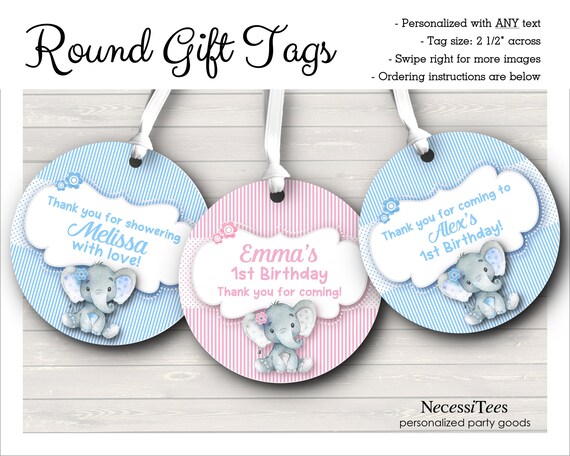 Round Favor Tags, Gift Tag, Baby Gender Reveal Party, Baby Shower, Little Baby Elephants, Pink, Blue, Animal Print, Stripes, Size 2.5 Inches Il_570xn