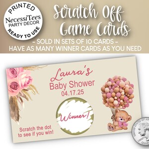 PRINTED Scratch Off Cards | Set of 10 Cards | Party Games | Shower Activity | Baby Bear with Pink Balloons & Roses | Baby Shower or Birthday