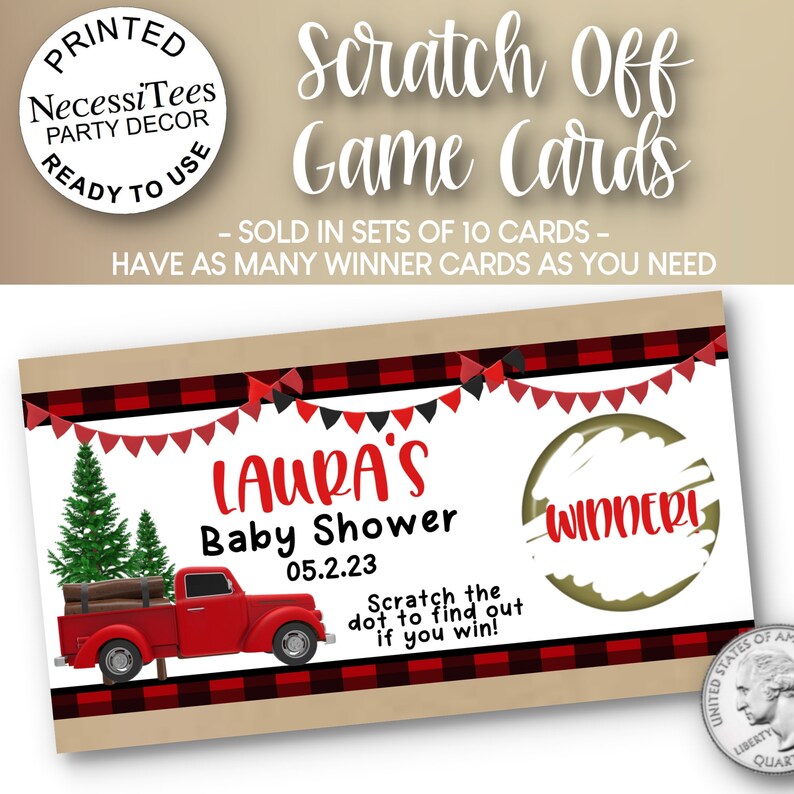 PRINTED Scratch Off Cards Set of 10 Cards Party or Shower Activity Red & Black Lumberjack Theme Perfect for Most Occasions image 1