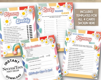 PRINTABLE Baby Shower Party Games | Groovy Baby Theme | 4 Baby Shower Party Activity Cards | Bright Colors