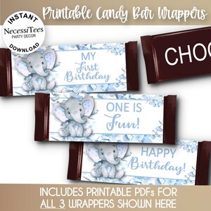 PRINTABLE | 1st Birthday | Candy Bar Wrapper Templates | Blue Colors | Baby Elephant | Eucalyptus | 3 PDFs | NON Editable | Instant Download
