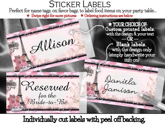 Stickers, Labels, Name Tags, Favor Stickers, Food Labels, Wedding, Bridal Shower, Birthday, Paris, Eiffel Tower, French, Pink Roses, Hearts Il_570xn