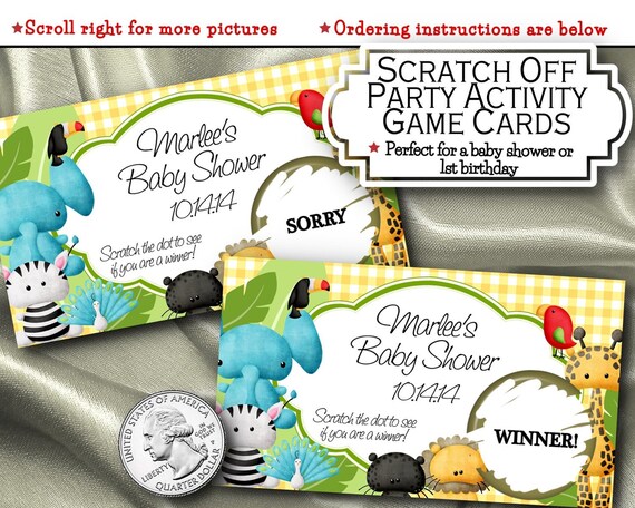 Scratch Off Cards, Game Cards, Baby Shower Activity, 1st Birthday, Christening, Baby Animals, Jungle Safari Theme, Yellow Gingham Check Il_570xn