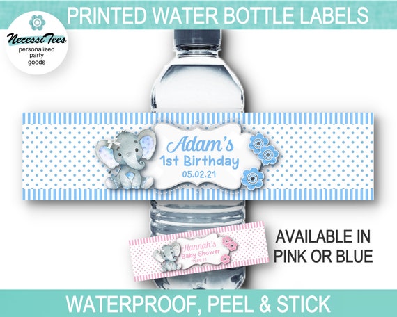 PRINTED Water Bottle Labels, Waterproof Peel & Stick, Baby Elephant Design, Birthday Party, Baby Shower, Pink, Blue, Stripes, Polka Dots Il_570xn