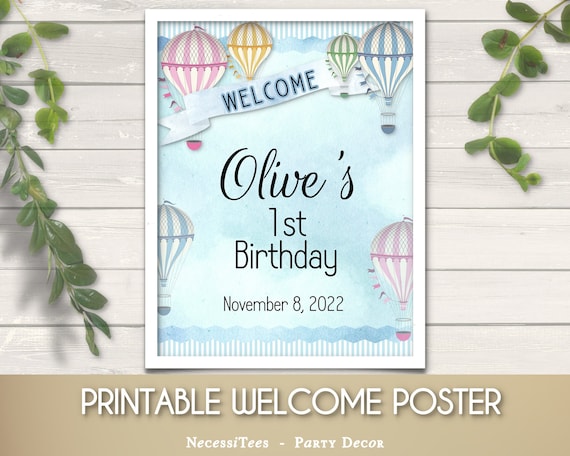 DIGITAL PRINTABLE Welcome Poster, 8x10, 11x14,16x20, Hot Air Balloons, Pastel Colors, Clouds, We Edit - U Print Il_570xn