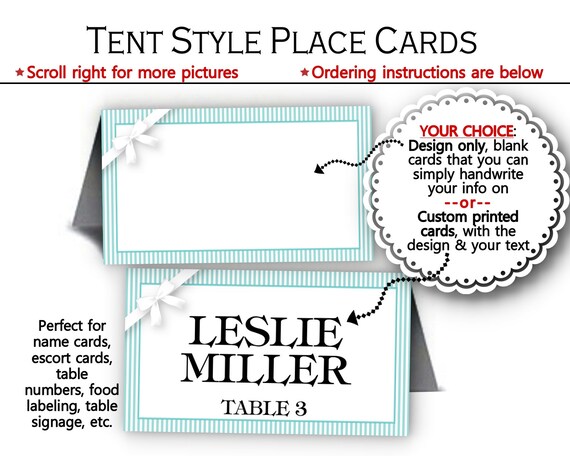 Tent Style Place Cards, Food Buffet Table Cards, Teal, Turquoise, Aqua Blue, Stripes, White Bow, Wedding, Bridal or Baby Shower, Birthday Il_570xn