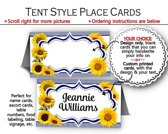 Tent Style Place Cards, Name Cards, Buffet Food Labels, Sunflowers, Yellow & Navy, Wedding, Bridal or Baby Shower, Birthday Il_570xn