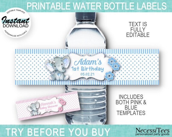 DIGITAL Water Bottle Labels, Printable, Pastel Colors, Baby Elephants, Baby Shower, Gender Reveal, 1st Birthday, Instant Download, Corjl Il_570xn