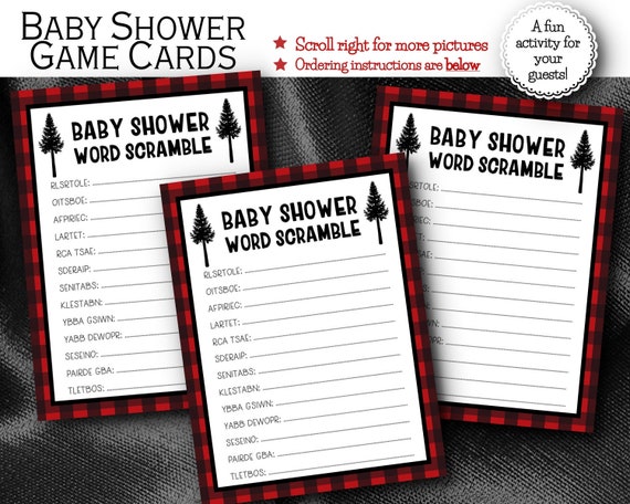 Baby Shower Word Scramble Cards, Baby Shower Activity Party Game Cards, Lumberjack, Red & Black Buffalo Plaid Flannel Check, Trees, Timber Il_570xn