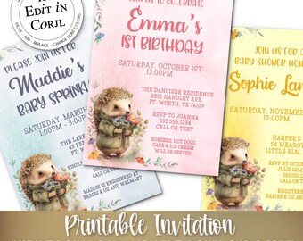 PRINTABLE Party Invitations | Baby Hedgehog Invitation  | Includes Pink, Blue & Yellow Templates | Baby Shower | You Edit in Corjl