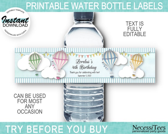 DIGITAL Water Bottle Labels, Printable, Pastel Colors, Hot Air Baloons, Baby, Bridal Shower, Birthday, Instant Download, Edit in Corjl Il_570xn