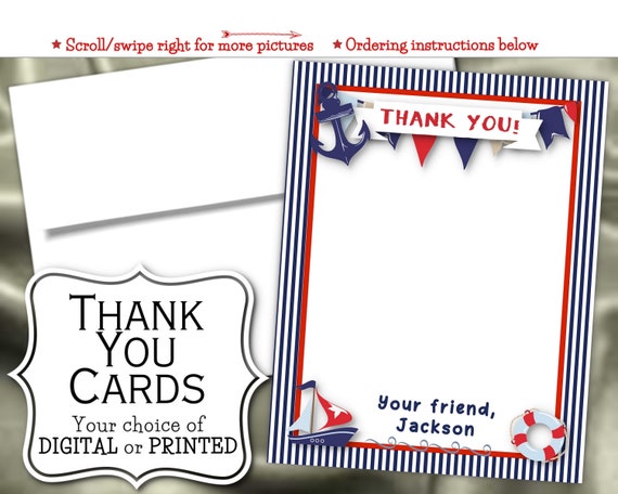 Thank You Note Cards, Birthday Party, Baby Shower, Nautical Theme, Navy Stripes, Sail Boat, Anchor, Navy, Red, Sea, Ocean, Beach Il_570xn