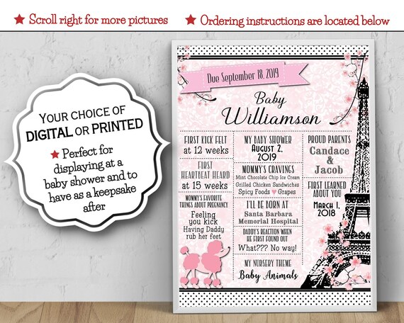 Baby Shower Poster, 8x10, 11x14, 16x20,18x24, French, Paris, Eiffel Tower, Pink, Black, Pink Poodle, Flowers, Baby Shower, Keepsake, Sign Il_570xn