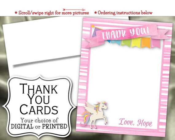 Thank You Note Cards, Digital or Printed, Unicorn, Pony, Rainbow, Pastel Colors, Pink Stripes, Birthday Party, Baby Shower Il_570xn