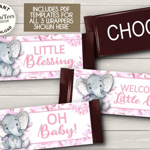 PRINTABLE Baby Shower Candy Bar Wrapper Templates Pink Colors Baby Elephant Eucalyptus 3 PDFs NON Editable Instant Download image 5