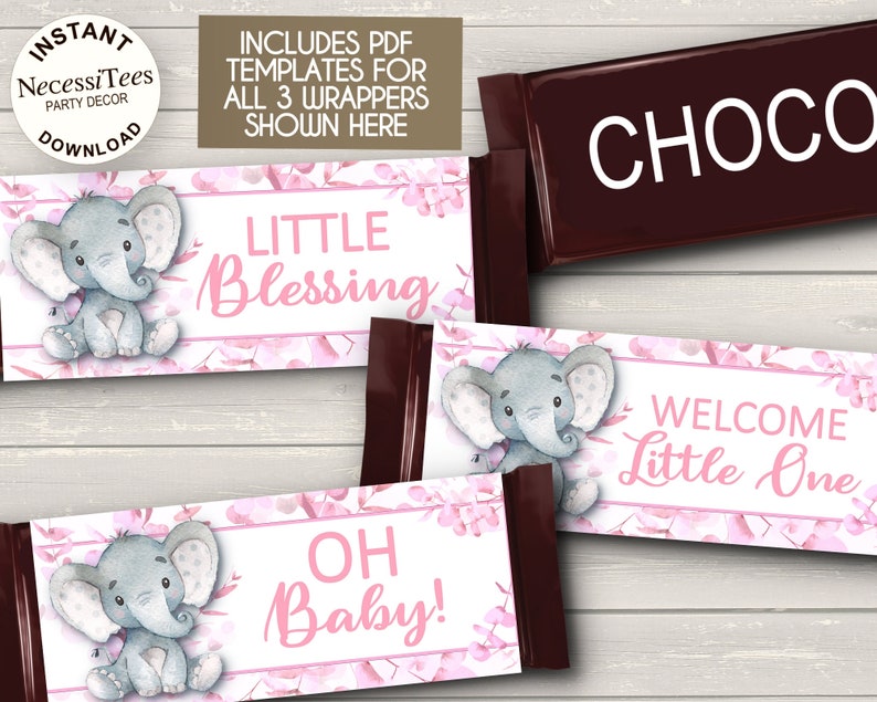 PRINTABLE Baby Shower Candy Bar Wrapper Templates Pink Colors Baby Elephant Eucalyptus 3 PDFs NON Editable Instant Download image 5