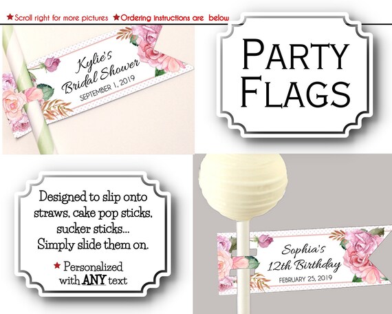 Flags for Straws, Lollipop Sticks, Cake Pop Sticks, Pink Roses, Florals, Flowers, Birthday, Bridal or Baby Shower, Sweet 16, Quince Il_570xn