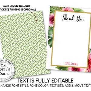 K&ouml;nnte beinhalten: Editierbare Dankeskarten mit goldenem Rand, floralen Akzenten und den Worten "Thank You" und "Love, Danika". Die R&uuml;ckseite hat ein gr&uuml;nes Tupfenmuster. Der Text ist vollst&auml;ndig editierbar.