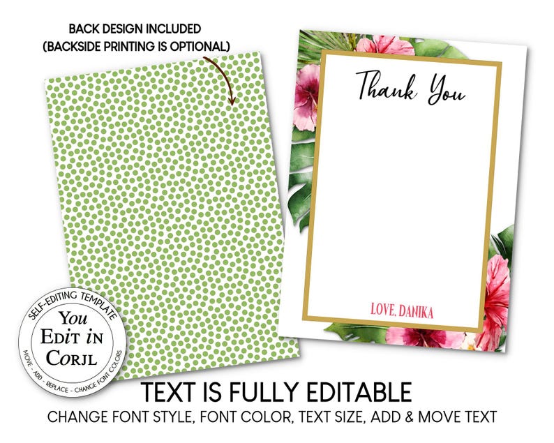 K&ouml;nnte beinhalten: Editierbare Dankeskarten mit goldenem Rand, floralen Akzenten und den Worten "Thank You" und "Love, Danika". Die R&uuml;ckseite hat ein gr&uuml;nes Tupfenmuster. Der Text ist vollst&auml;ndig editierbar.