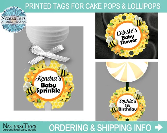 PRINTED Cake Pop Tags, Lollipop Tags, Baby Bees, Bumblebees, Yellow & Black, Honeycomb, Flowers, Baby Shower, Birthday Il_570xn