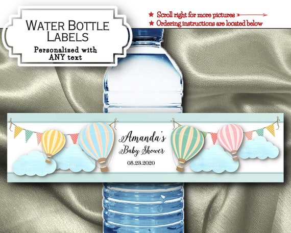 Waterproof Peel & Stick Water Bottle Labels, Pastel Hot Air Balloons, Clouds, Wedding, Bridal Shower, Baby Shower, Birthday Il_570xn