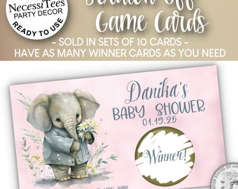 PRINTED Scratch Off Cards | Set of 10 Cards | Party or Shower Activity | Baby Elephant | Pink Colors | Perfect For a Birthday or Baby Shower