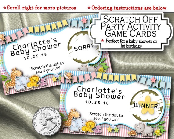 Scratch Off Cards, Party Game, Baby Shower Activity, Birthday Party, Baby Jungle Animals, Wild Animals, Pastel Colors, Pink, Blue, Yellow Il_570xn