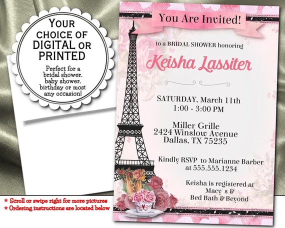 Party Invitations, Mailable, Emailable, Virtual Party, French Paris, Eiffel Tower, Pink Roses, Birthday Party, Bridal Shower, Baby Shower Il_570xn