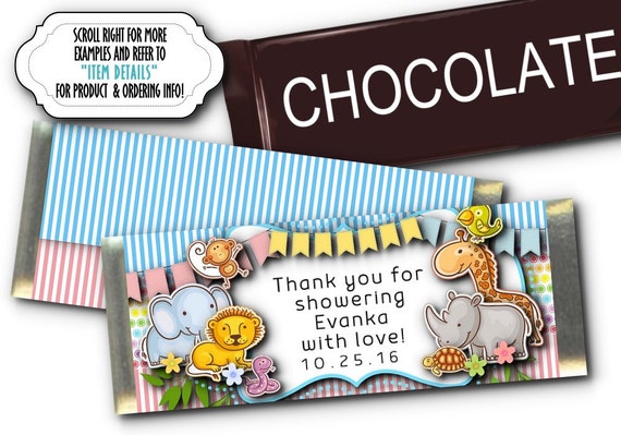 12 Candy Bar Wrappers, Candy Favors, Baby Shower, Birthday Party, Baby Jungle Animals, Wild Animals, Pastel Colors, Pink, Blue, Yellow, Il_570xn