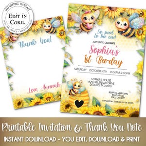 AFDRUKBARE uitnodiging voor feest en bedankkaart | Thema babybij | Digitale sjabloon | Verjaardag - babyshower | Bijen, zonnebloemen | Bewerken in Corjl