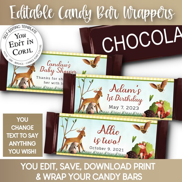 PRINTABLE Candy Bar Wrapper Template, Woodland Animals, Forest Animals, Fox, Hedgehog, Deer, Owl, Baby Shower, Birthday, You Edit in Corjl