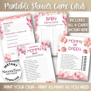 Jeux de fête pour baby shower à imprimer | Ballons | 4 cartes d'activités pour baby shower | Roses pastel