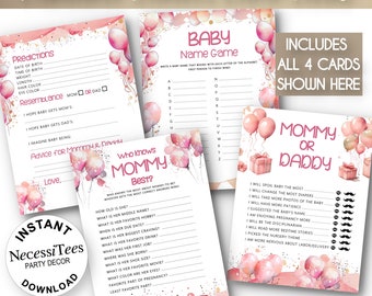 PRINTABLE Baby Shower Party Games | Balloons | 4 Baby Shower Party Activity Cards | Pastel Pinks