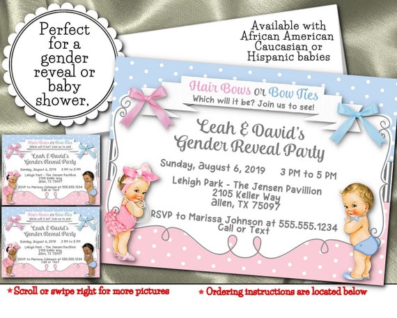 Party Invitations, Mailable, Emailable, Virtual Party, Gender Reveal, Baby Shower, Pink, Blue Bows, African American, Caucasian, Hispanic Il_570xn
