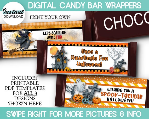 DIGITAL Candy Bar Wrapper Templates, Halloween, Ghost, Haunted House, Pumpkins, Witch on Broom, PDFs, Instant Download, Print Your Own Il_570xn
