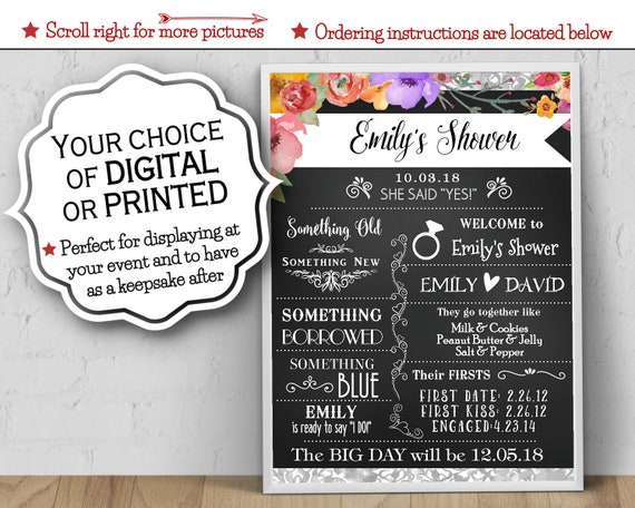 Bridal Shower Poster, 8 x 10, 11 x 14, 16 x 20, 18 x 24, Chalkboard Look, Spring Multi Color Watercolor Florals, Digital or Printed Il_570xn