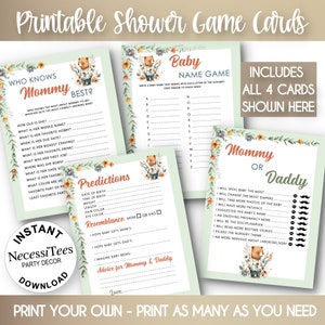 Jeux de fête pour baby shower à imprimer | Bébé ours et fleurs | 4 cartes d'activités pour baby shower | Vert pastel