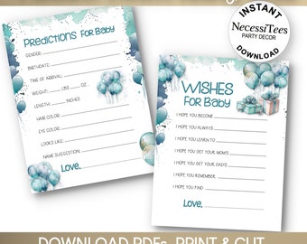 PRINTABLE Baby Shower Party Games | Balloons & Gifts | Shower Activity | Predictions for Baby | Wishes for Baby | Pastel Blue