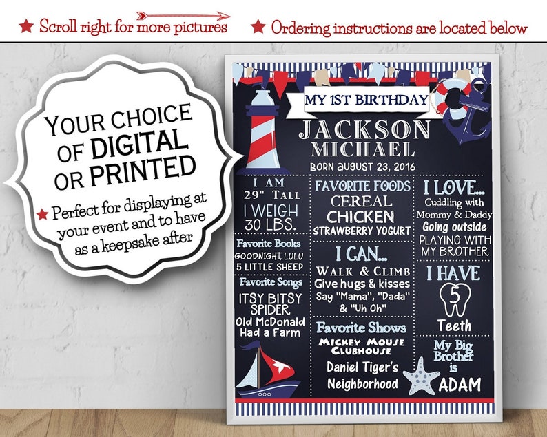 Nautical Theme Chalkboard Look Lighthouse Sail Boat 8x10 11x14 Birthday Sign Birthday Poster 18x24 Anchor Red 16x20 Navy
